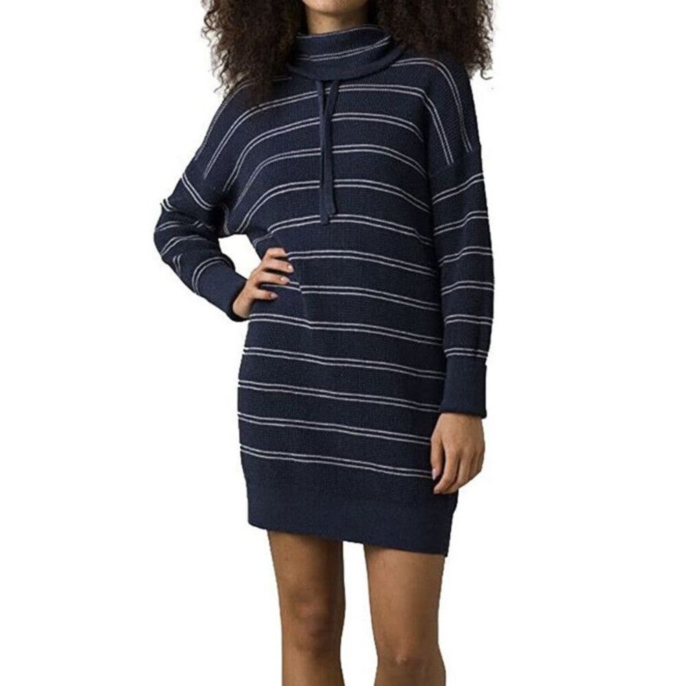 PrAna Milani Navy Blue Nautical Stripe Cowl Neck Sweater Dress Size XS NWT
